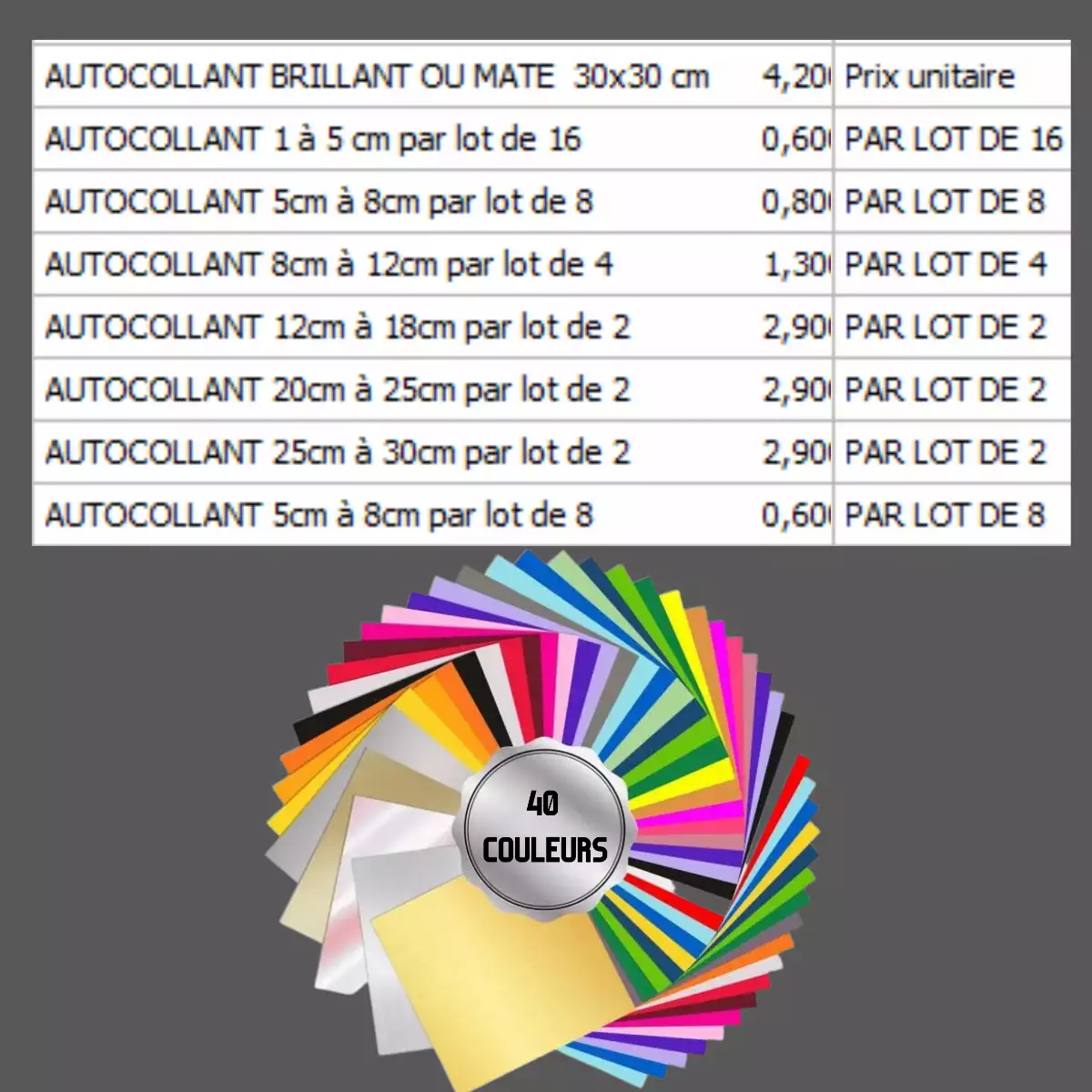 AUTOCOLLANT BRILLANT OU MATE A PERSONNALISER DE 3 à 30 cm